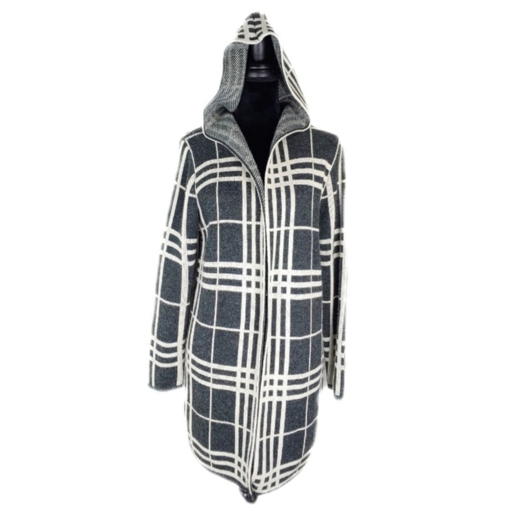 Heathmoor Womens Gray & Cream Glen Plaid Hooded Open Long Cardigan Coat Size S - Picture 3 of 10